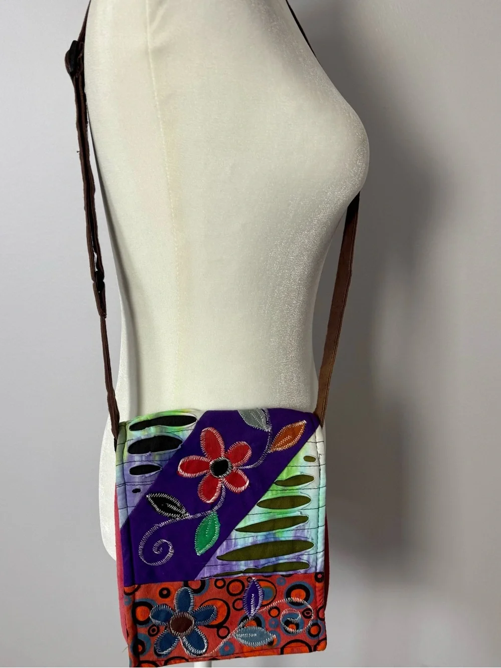 Handmade Vibrant Patchwork Floral Crossbody Bag - Purple, Orange, Green
